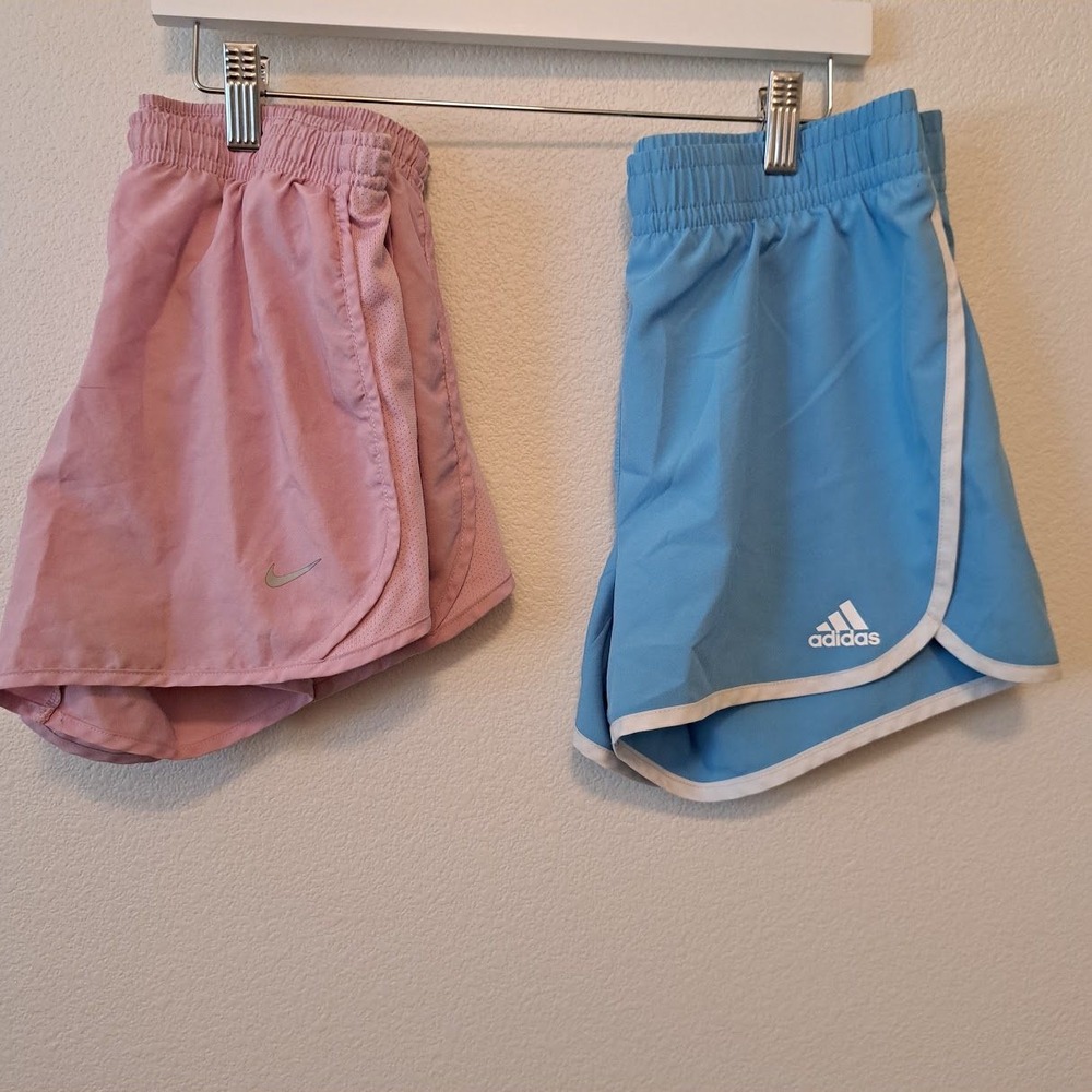 Nike and Adidas Girls Athletic Shorts Bundle Pink Blue Size Large 14 Activewear